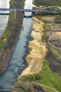 Aerial view, Lippe floodplain experience project, dyke area between city centre and airfield, new