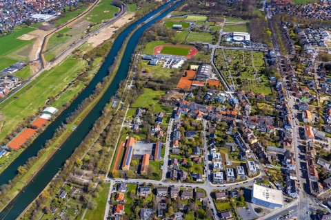 Aerial view, Maximare Erlebnistherme Bad Hamm, Sports Centre Hamm-Ost with Jahnstadion,