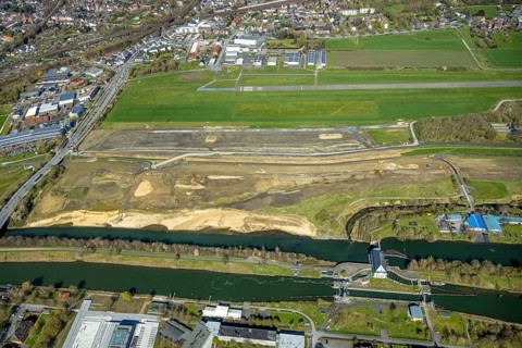 Aerial view, construction area at Jupp-Eickhoff-Weg with river Lippe and Datteln-Hamm canal, Hamm