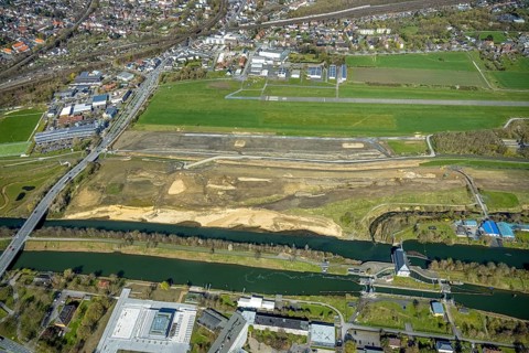 Aerial view, construction area at Jupp-Eickhoff-Weg with river Lippe and Datteln-Hamm canal, Hamm