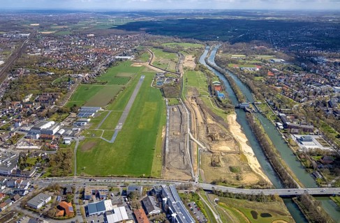 Aerial view, construction area at Jupp-Eickhoff-Weg with river Lippe and Datteln-Hamm canal, Hamm