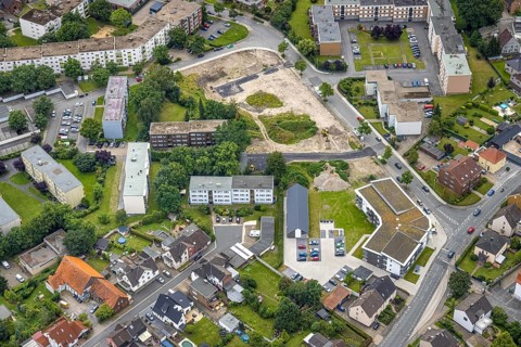 Aerial view, construction area and new build flats Waldenburger Straße, urban renewal area,