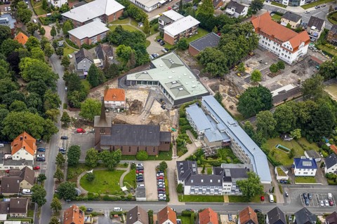 Aerial view, Caritas retirement home St. Josef, cath. Heilig Kreuz Kirche, Haus der Begegnung,