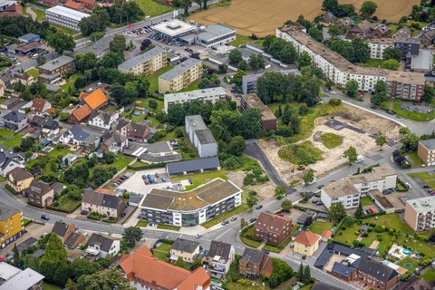 Aerial view, construction area and new build flats Waldenburger Straße, urban renewal area,
