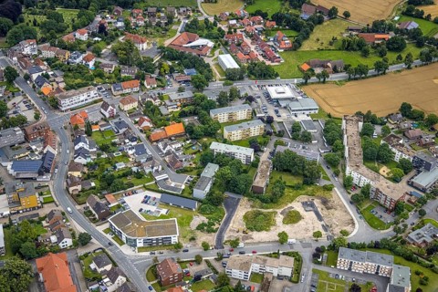 Aerial view, construction area and new build flats Waldenburger Straße, urban renewal area,