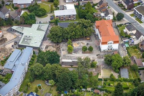 Aerial view, Caritas retirement home St. Josef, cath. Heilig Kreuz Kirche, Haus der Begegnung,