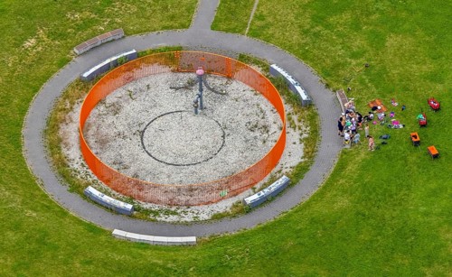 Aerial view, red circular grid in Lippepark Hamm - Schacht Franz, Platz der Bergbaugeschichte,