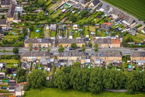 Aerial view, residential buildings with garden on Wittekindstraße, Bockum-Hövel, Hamm, Ruhr area,