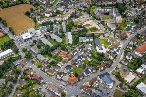 Aerial view, construction area and new build flats Waldenburger Straße, urban renewal area,