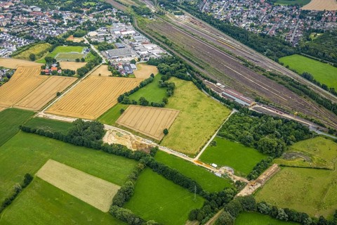 Aerial view, meadows and fields and construction site Wiescher Bach, Pelkum, Hamm, Ruhr area, North