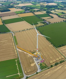 Aerial view, meadows and fields with construction site and new wind turbine, Rhynern, Hamm, Ruhr