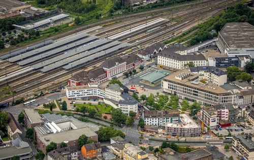 Aerial view, Hamm Westf. Main station, B&B Hotel, construction site and new residential building on