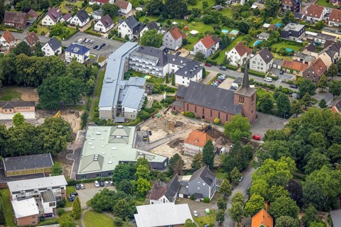 Aerial view, Caritas retirement home St. Josef, cath. Heilig Kreuz Kirche, Haus der Begegnung,
