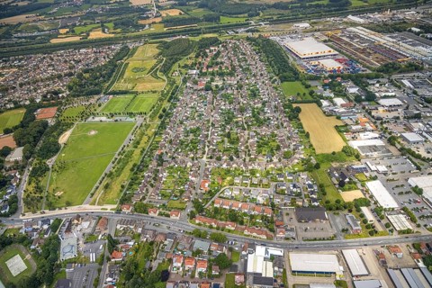 Aerial view, workers' housing estate Isenbecker Hof, Juffernbuschstraße, Herringen, Hamm, Ruhr