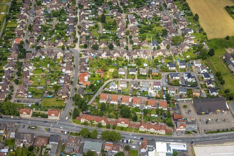 Aerial view, workers' housing estate Isenbecker Hof, Juffernbuschstraße, Herringen, Hamm, Ruhr