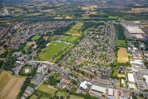 Aerial view, workers' housing estate Isenbecker Hof, Juffernbuschstraße, Herringen, Hamm, Ruhr