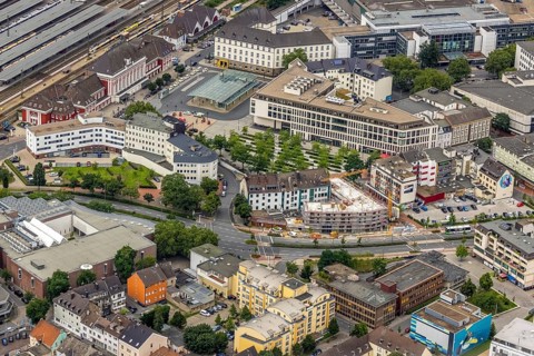 Aerial view, Hamm Westf. Main station, B&B Hotel, construction site and new residential building on