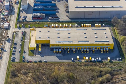 Aerial view, construction site and new building in DistributionPark Hamm, Trianelstraße,
