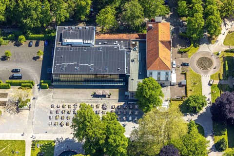 Aerial view of the spa hotel Hamm, spa hotel Bad Hamm, largest beer garden in Hamm, next to the