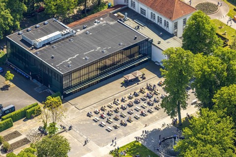 Aerial view of the spa hotel Hamm, spa hotel Bad Hamm, largest beer garden in Hamm, next to the