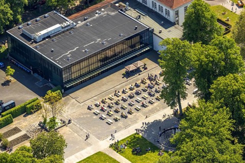 Aerial view of the spa hotel Hamm, spa hotel Bad Hamm, largest beer garden in Hamm, next to the