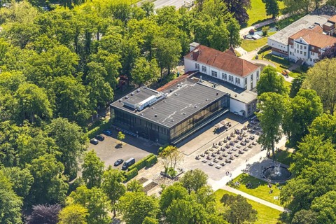 Aerial view of the spa hotel Hamm, spa hotel Bad Hamm, largest beer garden in Hamm, next to the