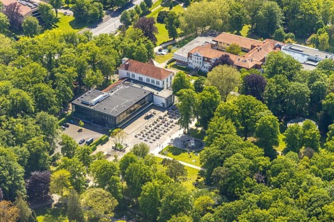 Aerial view of the spa hotel Hamm, spa hotel Bad Hamm, largest beer garden in Hamm, next to the