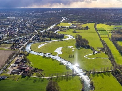Aerial view, river Lippe in the Lippe floodplains, Datteln-Hamm canal, Heessen, Hamm, Ruhr area,