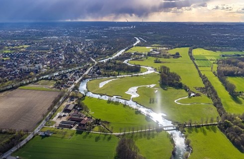 Aerial view, river Lippe in the Lippe floodplains, Datteln-Hamm canal, Heessen, Hamm, Ruhr area,