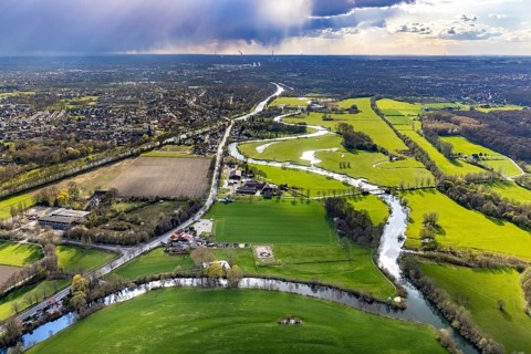 Aerial view, river Lippe in the Lippe floodplains, Datteln-Hamm canal, Heessen, Hamm, Ruhr area,
