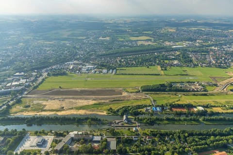 Aerial photo, Gymnasium Hammonense, new water sports centre, construction site Lippe reconstruction
