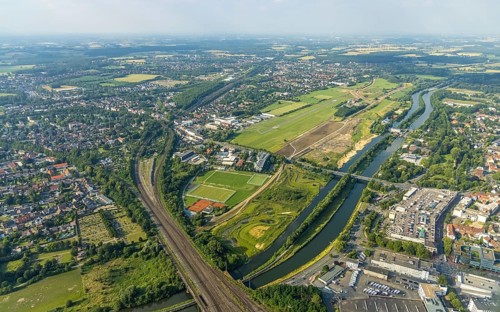 Aerial view, Hamm-Lippewiesen airfield, Lippe floodplain, Hamm lock, Lippe river, Datteln-Hamm