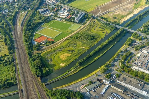 Aerial view, Lippe floodplain at the Münsterstraße bridge, Heessen, Hamm, Ruhr area, North
