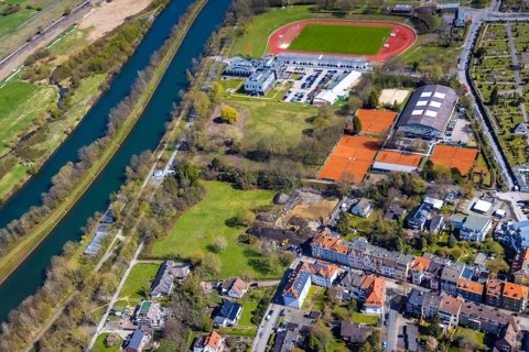 Aerial view, Hamm-Ost sports centre with Jahnstadion and tennis court, reha Bad Hamm, river Lippe