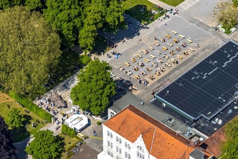 Aerial view of the spa hotel Hamm, spa hotel Bad Hamm, largest beer garden in Hamm, next to the