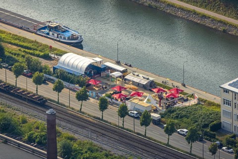 Aerial view, beer garden Pirates ANKER & HERZ in Hafenstraße, Mitte, Hamm, Ruhr area, North