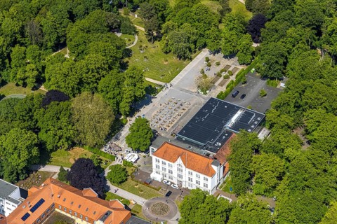 Aerial view of the spa hotel Hamm, spa hotel Bad Hamm, largest beer garden in Hamm, next to the