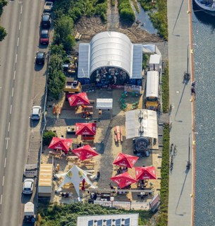Aerial view, beer garden Pirates ANKER & HERZ in Hafenstraße, Mitte, Hamm, Ruhr area, North