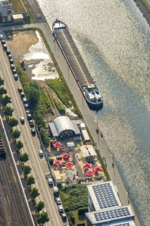 Aerial view, beer garden Pirates ANKER & HERZ in Hafenstraße, Mitte, Hamm, Ruhr area, North
