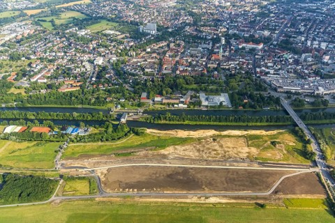 Aerial view, city centre view, construction site for protective dam at Jupp-Eickhoff-Weg, water