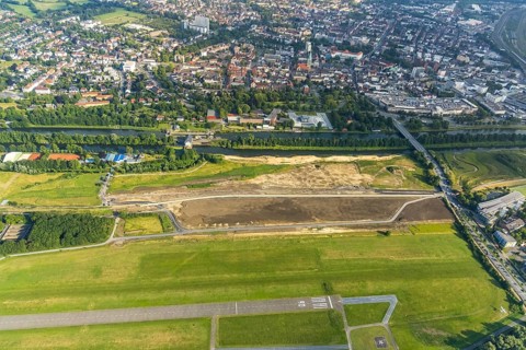 Aerial view, city centre view, construction site for protective dam at Jupp-Eickhoff-Weg, water