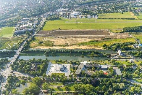 Aerial view, Hammonense grammar school, new water sports centre, construction site for protective