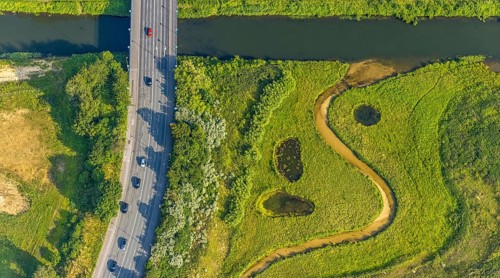 Aerial view, Lippe floodplain at the Münsterstraße bridge, Heessen, Hamm, Ruhr area, North