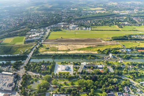 Aerial view, Hammonense grammar school, new water sports centre, construction site for protective