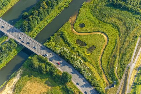 Aerial view, Lippe floodplain at the Münsterstraße bridge, Heessen, Hamm, Ruhr area, North