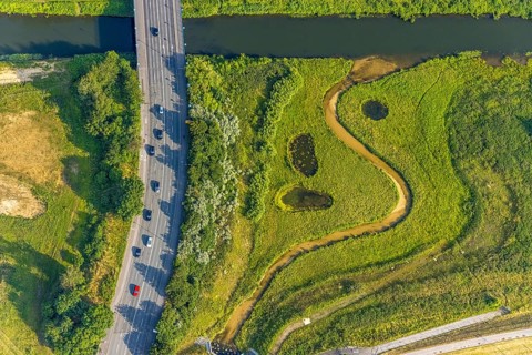 Aerial view, Lippe floodplain at the Münsterstraße bridge, Heessen, Hamm, Ruhr area, North