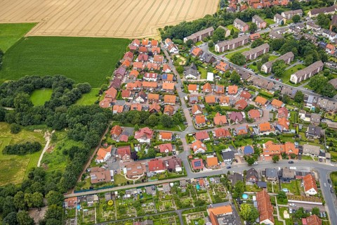 Aerial view, residential area west of the alleyway Ontariogrund, Bockum-Hövel, Hamm, Ruhr area,