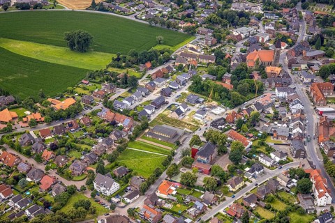 Aerial view, construction site, construction area Dörholtstraße and Am Sportfreundeplatz,