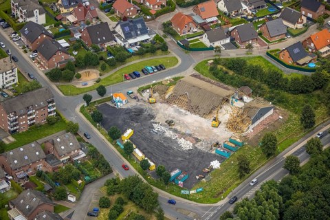 Aerial view, Am Dahlhof demolition Aldi supermarket for new building, Bockum-Hövel, Hamm, Ruhr