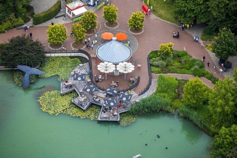 Aerial view, Maximilianpark leisure park, kiosk at the lake, Uentrop, Hamm, Ruhr area, North